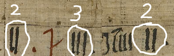 Egyptian hieratic depiction of the numbers 2 and 3 from the RMP