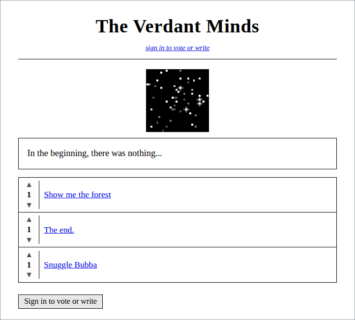 Clicking through The Verdant Minds: a starry first page, a forest, a table with a box labeled "Dinner", and what happens when you eat it